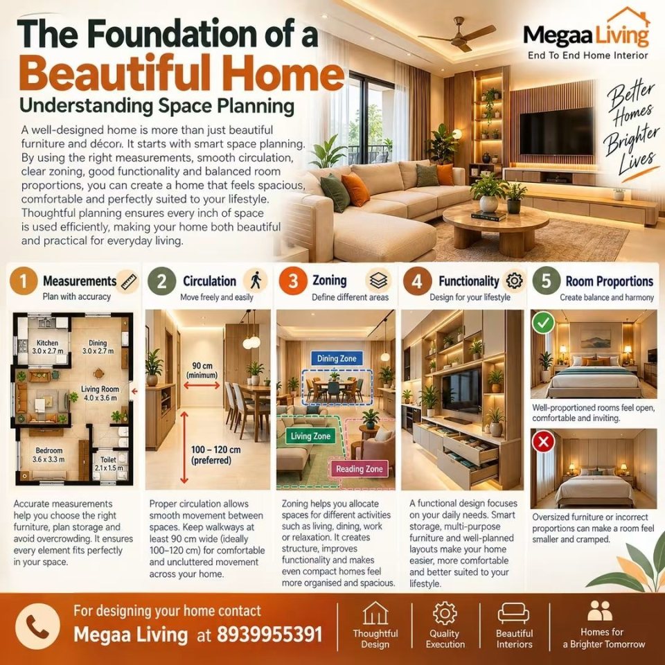 MEGAA LIVING guide: The foundation of a beautiful home — understanding space planning through measurements, circulation, zoning, functionality and room proportions