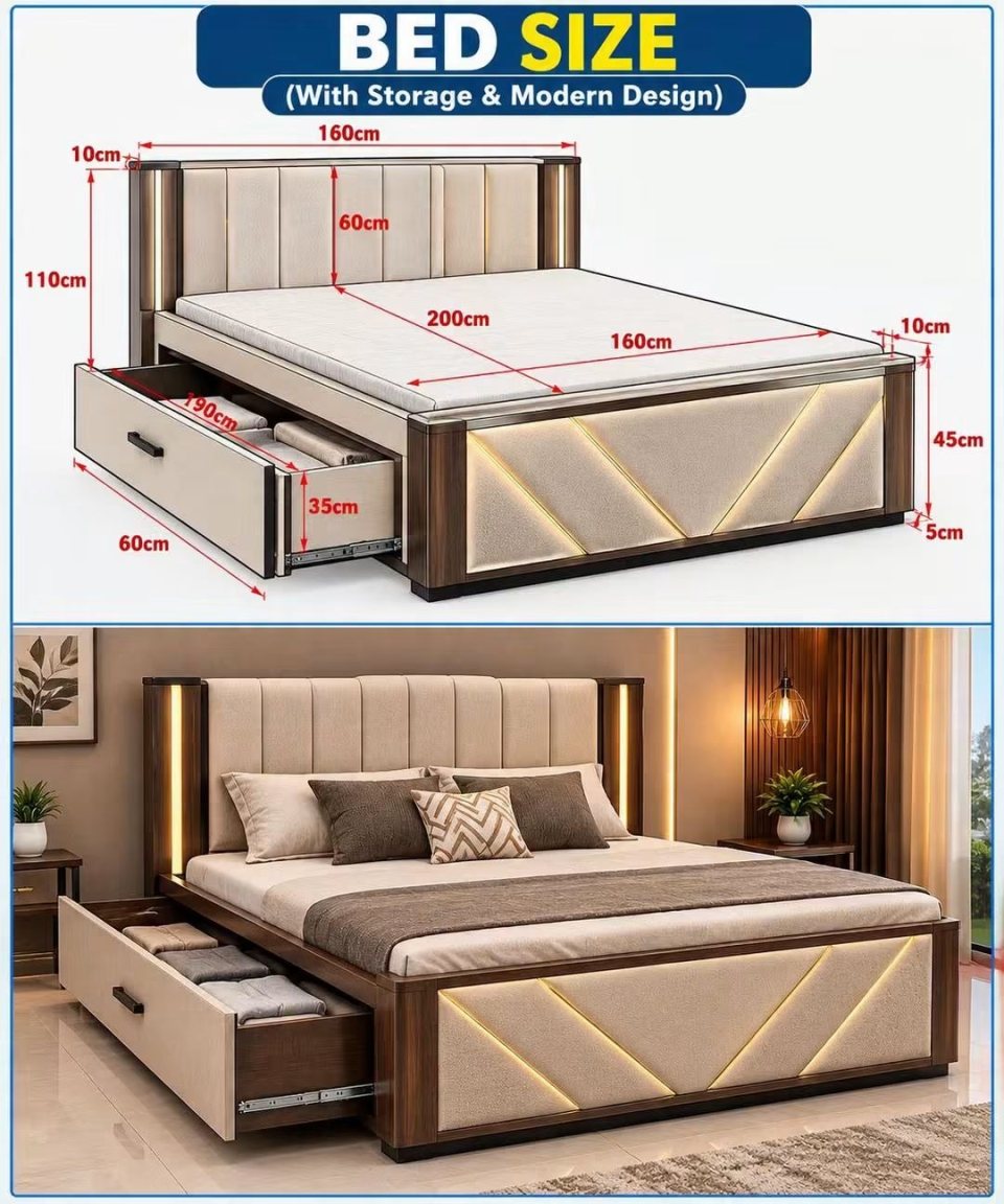 Storage bed dimension guide: 160 by 200 cm mattress area, 110 cm overall headboard height, 45 cm bed height, and a pull-out drawer 35 cm high and 60 cm wide