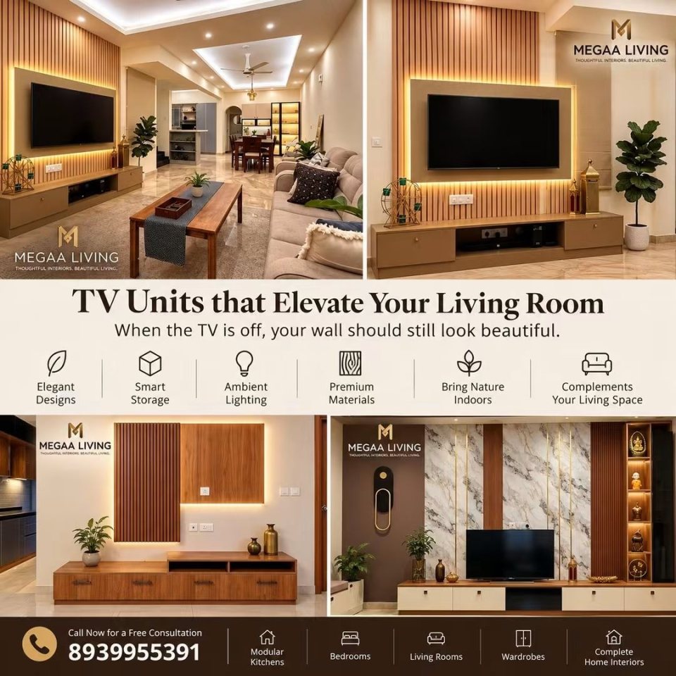 MEGAA LIVING TV unit designs: backlit fluted wooden walls, floating consoles and a marble-finish feature wall with display niches